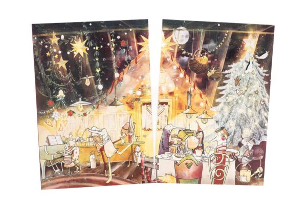 Die beiden Hälften des PaarMinuten Adventskalenders nebeneinander, jede mit einer illustrierten Weihnachtsszene und 24 Türchen