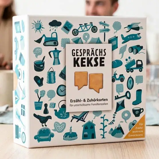 Gesprächskekse Erzähl- und Zuhörkarten für unterhaltsame Familienzeiten, Produktverpackung für 2 oder mehrere Erwachsene