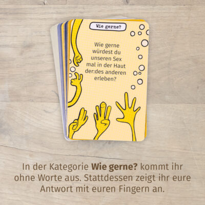 Paarzeit PaarMinuten Bettgeflüster Fragekarte Wie gerne – gelbe Karte mit Fragen-Rahmen und Text Wie gerne würdest du unseren Sex mal in der Haut der:des anderen erleben mit bunten Handillustrationen in Gelb und Violett