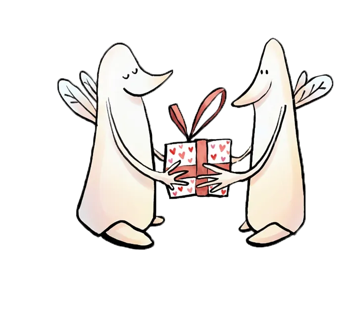 Beliebte Produkte von Paarzeit, freudiges Paar, das gemeinsam ein Geschenk hält als paarzeit-typische Illustration, freut sich über die tollen Kartenspiele, Geschenkboxen, Date Nights, Rätselspiele, Gutscheine und Neuerscheinungen 2026 von Paarzeit