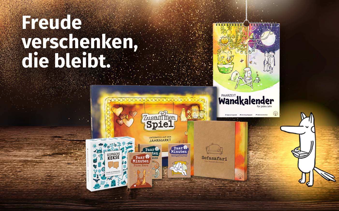 Headerbild Paarzeit-Produkte für Paare mit Spielen, Kalender und dem Text Freude verschenken, die bleibt