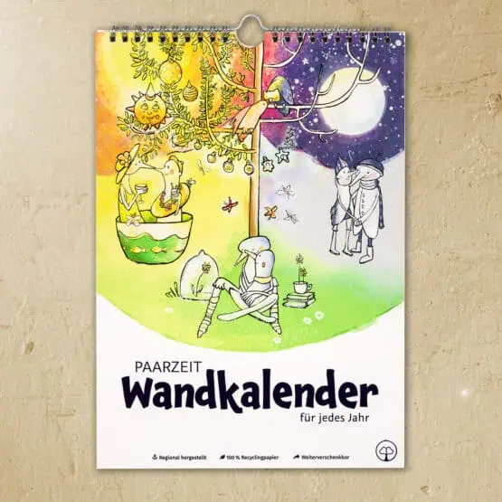 Paarzeit Wandkalender Cover mit durchgehender Illustration über alle vier Jahreszeiten, Tag-Nacht-Zyklus und Paare in verschiedenen Momenten Paarzeit Wandkalender Cover und Rückseite mit Illustration Jahreszeiten, Text „Für jedes Jahr" und Produktinformationen