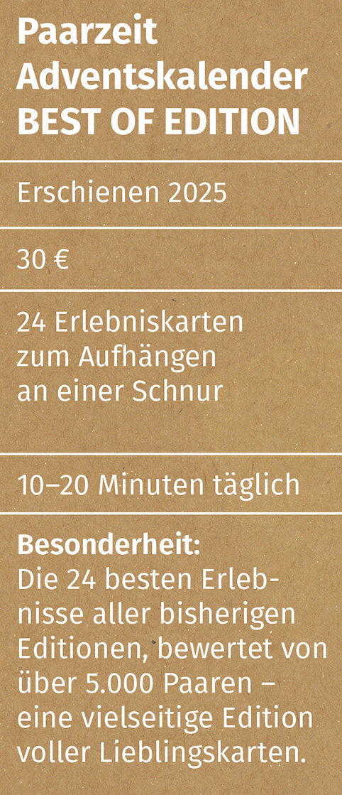 Informationsgrafik zum Paarzeit Adventskalender BEST OF EDITION 2025 auf braunem Hintergrund. Enthält Angaben wie Erscheinungsjahr (2025), Preis (30 €), 24 Erlebniskarten zum Aufhängen an einer Schnur, empfohlene tägliche Zeit (10–20 Minuten) und eine Besonderheit: Es handelt sich um die 24 besten Erlebnisse aller bisherigen Editionen, ausgewählt und bewertet von über 5.000 Paaren – eine vielseitige Edition voller Lieblingskarten.