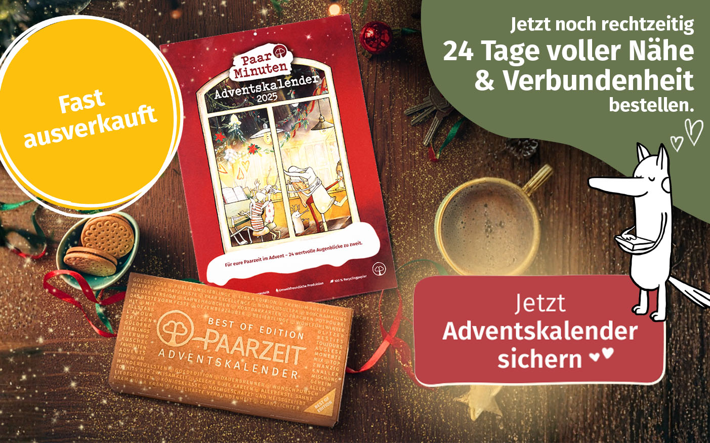 Paarzeit Adventskalender auf weihnachtlichem Holztisch für mobile Ansicht – 24 Tage voller Nähe und Verbundenheit für Paare, jetzt sichern, fast ausverkauft.
