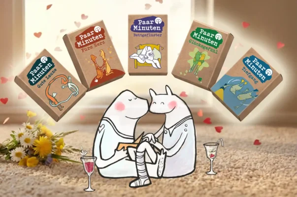 Lernt alle fünf PaarMinuten-Kartensets mit ihren Gemeinsamkeiten und Unterschieden kennen und erfahrt, was sie zu absoluten Bestsellern macht. PaarMinuten Gute Laune, PaarMinuten Fürs Herz, PaarMinuten Bettgeflüster, PaarMinuten Glücksgefühl und PaarMinuten Tiefgang