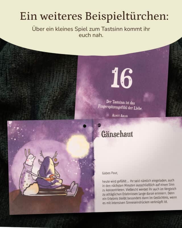 Violettes Kalenderkärtchen mit der Zahl 16 und einem Zitat von Almut Adler, darunter ein aufgeklapptes Heftchen mit der Illustration eines Paares auf einem Schlitten und dem Erlebnis „Gänsehaut“