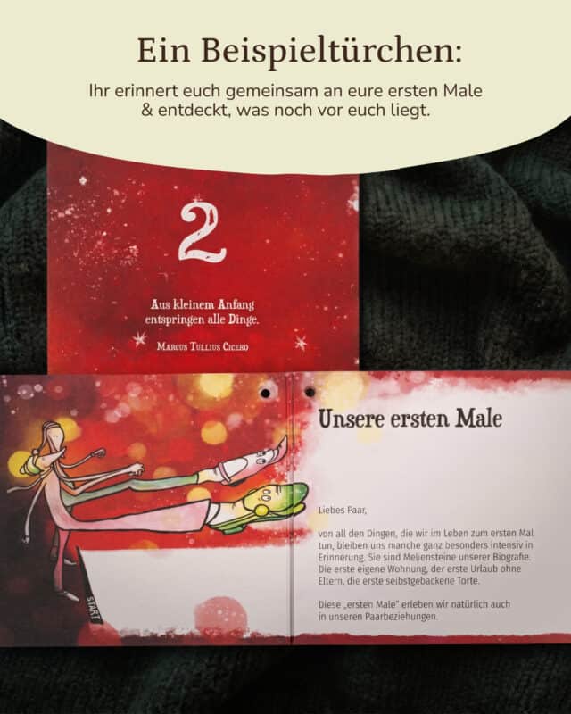 Rotes Kalenderkärtchen mit der Zahl 2 und einem Cicero-Zitat, darunter ein aufgeklapptes Heftchen mit der Illustration eines Paares in einer Badewanne und dem Erlebnis „Unsere ersten Male“