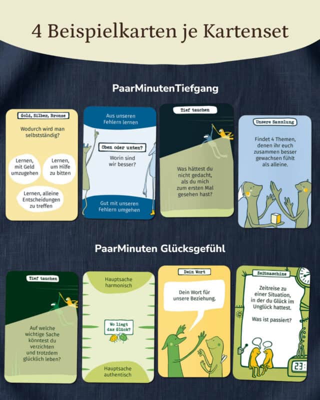Auf dunkelblauem Stoff liegen zwei Reihen à vier Fragekarten: oben PaarMinuten Tiefgang in Gelb-, Blau- und Grüntönen mit den Kategorien „Gold, Silber, Bronze“, „Aus unseren Fehlern lernen“, „Tief tauchen“ und „Unsere Sammlung“, unten PaarMinuten Glücksgefühl in Grün- und Gelbtönen mit „Tief tauchen“, „Hauptsache harmonisch“, „Dein Wort“ und „Zeitmaschine“. Eingeblendet: „4 Beispielkarten je Kartenset“