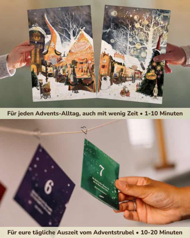 Zweigeteilte Bildstrecke mit hellen Textbändern. Oben halten zwei Hände die beiden Hälften des PaarMinuten Adventskalenders 2026 nebeneinander vor eine graugrüne Wand; beide Hälften zeigen einen illustrierten Weihnachtsmarkt im Schnee mit beleuchteten Buden, kahlen Bäumen, einem Lebkuchenhaus und einem Wichtel neben einer geschmückten Tanne. Darunter das Band „Für jeden Advents-Alltag, auch mit wenig Zeit • 1-10 Minuten“. Unten hängen zwei Erlebniskarten des Paarzeit Adventskalenders BEST OF EDITION mit herzförmigen Klammern an einer Schnur vor einer hellen Wand, eine dunkelviolette mit der Zahl 6 und eine grüne mit der Zahl 7, die gerade in eine Hand genommen wird. Darunter das Band „Für eure tägliche Auszeit vom Adventstrubel • 10-20 Minuten“.