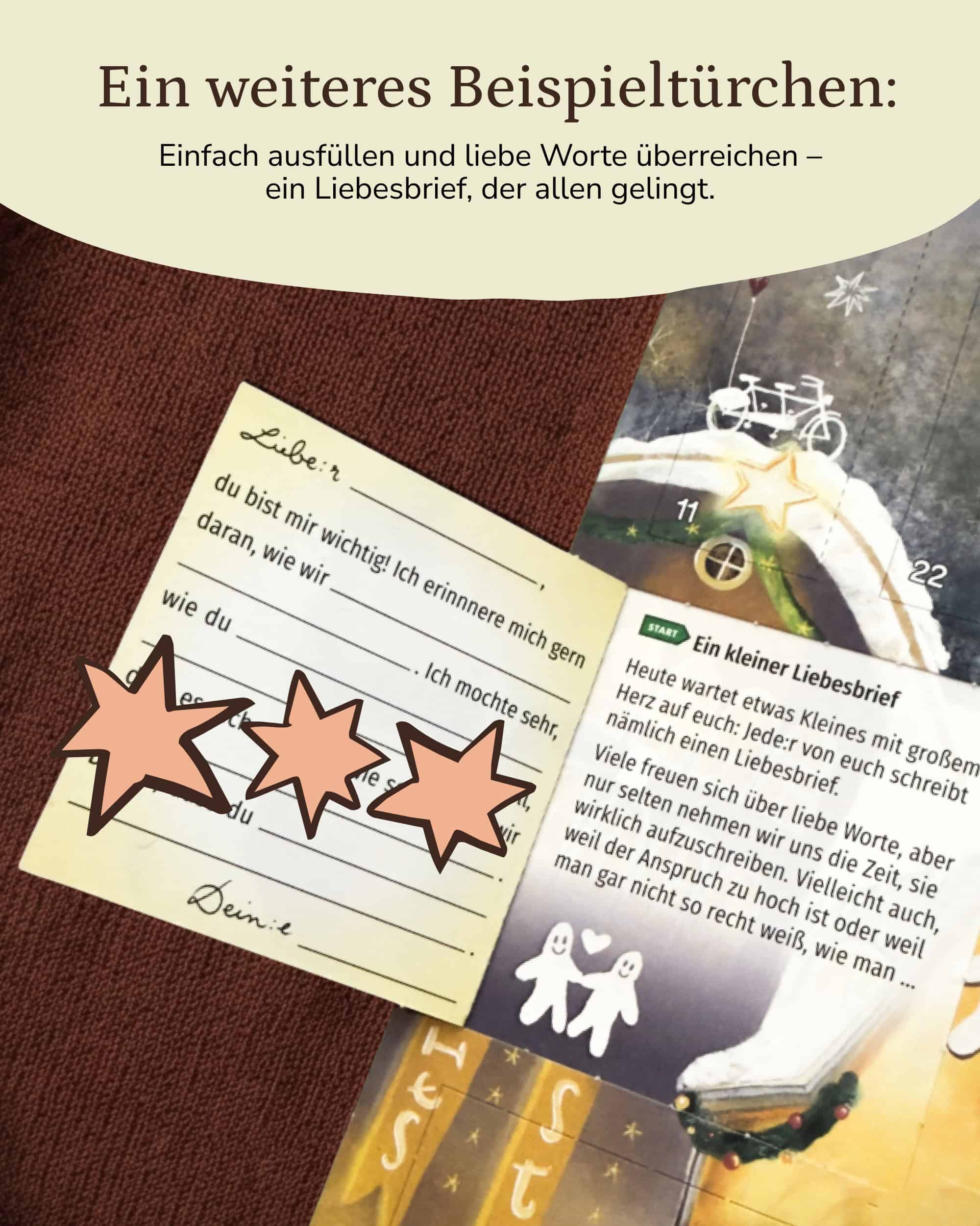 Ein vorgedruckter Lückenbrief des PaarMinuten Adventskalenders 2026 mit Zeilen zum Ausfüllen: „Liebe:r … du bist mir wichtig! Ich erinnere mich gern daran, wie wir …“