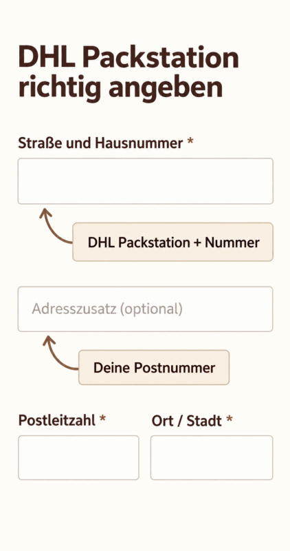 Grafik „DHL Packstation richtig angeben“ mit den Hinweisfeldern „Straße und Hausnummer“ für „DHL Packstation + Nummer“ sowie „Adresszusatz (optional)“ für „Deine Postnummer“.