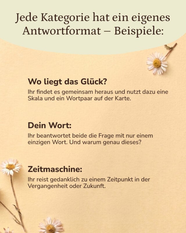 Textbild auf apricotfarbenem Grund mit Gänseblümchen. Eingeblendet: „Jede Kategorie hat ein eigenes Antwortformat – Beispiele: Wo liegt das Glück? Ihr findet es gemeinsam heraus und nutzt dazu eine Skala und ein Wortpaar auf der Karte. Dein Wort: Ihr beantwortet beide die Frage mit nur einem einzigen Wort. Und warum genau dieses? Zeitmaschine: Ihr reist gedanklich zu einem Zeitpunkt in der Vergangenheit oder Zukunft.“