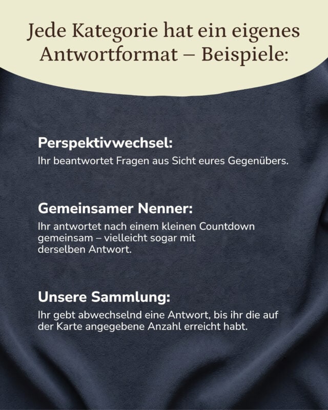 Textbild auf dunkelblauem Stoff. Eingeblendet: „Jede Kategorie hat ein eigenes Antwortformat – Beispiele: Perspektivwechsel: Ihr beantwortet Fragen aus Sicht eures Gegenübers. Gemeinsamer Nenner: Ihr antwortet nach einem kleinen Countdown gemeinsam – vielleicht sogar mit derselben Antwort. Unsere Sammlung: Ihr gebt abwechselnd eine Antwort, bis ihr die auf der Karte angegebene Anzahl erreicht habt.“