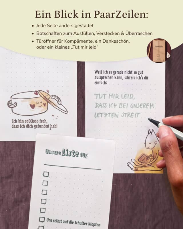 Drei Seiten aus dem Block PaarZeilen auf violettem Leinen: links eine Seite mit gezeichnetem Kochtopf und dem Satz „Ich bin soOOooo froh, dass ich dich gefunden hab!“, rechts die Seite „Weil ich es gerade nicht so gut aussprechen kann, schreib ich's dir einfach:“, auf der eine Hand mit grünem Stift „Tut mir leid, dass ich bei unserem letzten Streit“ schreibt, darunter die Seite „Unsere Liste für“ mit Kästchen und dem Eintrag „Uns selbst auf die Schulter klopfen“. Rechts oben ein rundes Bild des Blocks. Eingeblendet: „Ein Blick in PaarZeilen: Jede Seite anders gestaltet. Botschaften zum Ausfüllen, Verstecken & Überraschen. Türöffner für Komplimente, ein Dankeschön, oder ein kleines ‚Tut mir leid‘.“