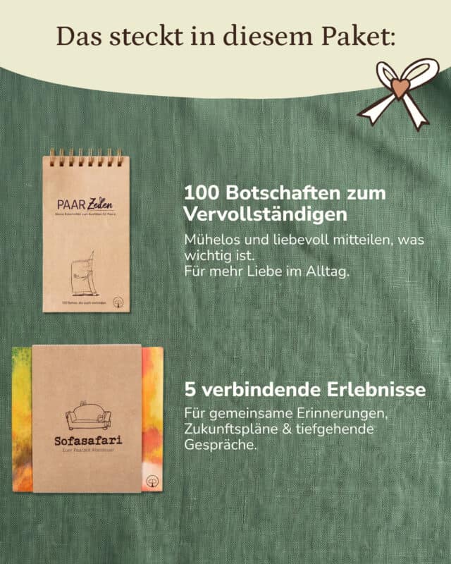 Auf grünem Leinen liegen untereinander der PaarZeilen-Block und die Sofasafari-Box, daneben je ein kurzer Text; rechts oben eine gezeichnete Schleife mit Herz. Eingeblendet: „Das steckt in diesem Paket: 100 Botschaften zum Vervollständigen. Mühelos und liebevoll mitteilen, was wichtig ist. Für mehr Liebe im Alltag. 5 verbindende Erlebnisse. Für gemeinsame Erinnerungen, Zukunftspläne & tiefgehende Gespräche.“