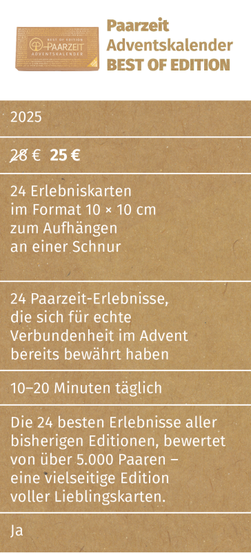 Produktübersicht des Paarzeit Adventskalenders BEST OF EDITION 2025: Oben ein Bild der goldenen Adventskalender-Box, daneben der Titel „Paarzeit Adventskalender BEST OF EDITION“. Darunter Details wie neue Preisangabe 25 € statt 28 €, 24 Erlebnis-Karten (10 × 10 cm) zum Aufhängen an einer Schnur, erprobte Paarzeit-Erlebnisse für mehr Verbundenheit, täglicher Zeitaufwand 10–20 Minuten, Auswahl der 24 besten Aufgaben aus früheren Editionen laut Bewertungen von über 5.000 Paaren